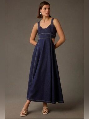 Aureta x Anthropologie Studio Corset Denim Cut Out Midi Dress Size XS